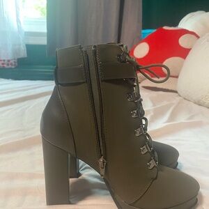 Olive Green Lace-Up Ankle Boots
